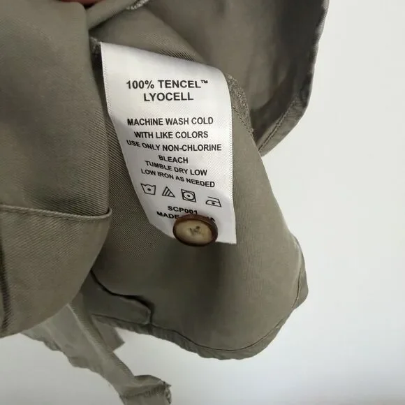 Quince Olive Green Tencel Button Front Dress Tie Waist V-Neck Short Sleeve M - Picture 5 of 7